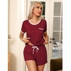 image:imageEkouaer Pajamas for Womens Set 2 Piece Soft Sleepwear Chest Pocket  Comfy Pjs Casual Lounge Set Short Sleeve Tops and Drawstring Shorts Loungewear for Spring Summer Fall WinterWine Red
