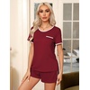 image:imageEkouaer Pajamas for Womens Set 2 Piece Soft Sleepwear Chest Pocket  Comfy Pjs Casual Lounge Set Short Sleeve Tops and Drawstring Shorts Loungewear for Spring Summer Fall WinterWine Red
