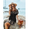 image:imageEkouaer Women Cover Up Casual Swimsuit Coverup Tie Beach Cover Up Dress  V Neck Bathing Suit Cover Up Short Sleeve Drawstring at WaistBalck Beige Foliage