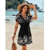 image:imageEkouaer Women Cover Up Casual Swimsuit Coverup Tie Beach Cover Up Dress  V Neck Bathing Suit Cover Up Short Sleeve Drawstring at WaistBalck Beige Foliage