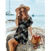 image:imageEkouaer Women Cover Up Casual Swimsuit Coverup Tie Beach Cover Up Dress  V Neck Bathing Suit Cover Up Short Sleeve Drawstring at WaistBlack Leaf