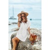 image:imageEkouaer Women Cover Up Casual Swimsuit Coverup Tie Beach Cover Up Dress  V Neck Bathing Suit Cover Up Short Sleeve Drawstring at WaistWhite