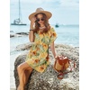 image:imageEkouaer Women Cover Up Casual Swimsuit Coverup Tie Beach Cover Up Dress  V Neck Bathing Suit Cover Up Short Sleeve Drawstring at WaistYellow Print