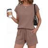 image:imageEkouaer Cotton Two Piece Sets for Women Cap Sleeve Short Set  Soft Casual Summer Fall Crew Neck Matching Sets Travel Vacation Outfits With Pockets for Daily WearBrown