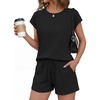 image:imageEkouaer Cotton Two Piece Sets for Women Cap Sleeve Short Set  Soft Casual Summer Fall Crew Neck Matching Sets Travel Vacation Outfits With Pockets for Daily WearBlack