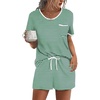 image:imageEkouaer Pajamas for Womens Set 2 Piece Soft Sleepwear Chest Pocket  Comfy Pjs Casual Lounge Set Short Sleeve Tops and Drawstring Shorts Loungewear for Spring Summer Fall WinterGreen White Stripe