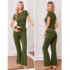 image:imageEkouaer Womens Pajama Set Short Sleeve Crop Top Foldover Flare Pants  Soft Comfy Stretchy Summer Wear Fall Layer High Waist Fold Waistband For Loungewear Yoga Daily Casual WearArmy Green