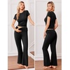image:imageEkouaer Womens Pajama Set Short Sleeve Crop Top Foldover Flare Pants  Soft Comfy Stretchy Summer Wear Fall Layer High Waist Fold Waistband For Loungewear Yoga Daily Casual WearBlack