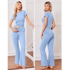 image:imageEkouaer Womens Pajama Set Short Sleeve Crop Top Foldover Flare Pants  Soft Comfy Stretchy Summer Wear Fall Layer High Waist Fold Waistband For Loungewear Yoga Daily Casual WearLight Blue