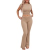 image:imageEkouaer Womens Pajama Set Short Sleeve Crop Top Foldover Flare Pants  Soft Comfy Stretchy Summer Wear Fall Layer High Waist Fold Waistband For Loungewear Yoga Daily Casual WearKhaki