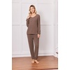 image:imageEkouaer Lounge Sets for Women Long Sleeve Ribbed Knit Pajama Set  Soft Warm Fall Winter Outfits 2026 V Neck Long Sleeve Tops Long Pants with Pockets 2 Piece Loungewear Home WearBrown
