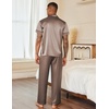 image:imageEkouaer Mens Satin Pajama Set Short Sleeve Button Down Sleepwear with Pant  Soft Cozy Summer Fall Elastic Waist Long Pants Pocket Casual Loungewear Silk Satin Pjs for Casual Daily WearHexagonalBrown