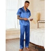 image:imageEkouaer Mens Satin Pajama Set Short Sleeve Button Down Sleepwear with Pant  Soft Cozy Summer Fall Elastic Waist Long Pants Pocket Casual Loungewear Silk Satin Pjs for Casual Daily WearBlue