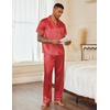 image:imageEkouaer Mens Satin Pajama Set Short Sleeve Button Down Sleepwear with Pant  Soft Cozy Summer Fall Elastic Waist Long Pants Pocket Casual Loungewear Silk Satin Pjs for Casual Daily WearStripesRed