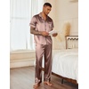 image:imageEkouaer Mens Satin Pajama Set Short Sleeve Button Down Sleepwear with Pant  Soft Cozy Summer Fall Elastic Waist Long Pants Pocket Casual Loungewear Silk Satin Pjs for Casual Daily WearBrown