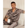 image:imageEkouaer Mens Satin Pajama Set Short Sleeve Button Down Sleepwear with Pant  Soft Cozy Summer Fall Elastic Waist Long Pants Pocket Casual Loungewear Silk Satin Pjs for Casual Daily WearHexagonalBrown