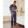 image:imageEkouaer Mens Satin Pajama Set Short Sleeve Button Down Sleepwear with Pant  Soft Cozy Summer Fall Elastic Waist Long Pants Pocket Casual Loungewear Silk Satin Pjs for Casual Daily WearNavy Gold