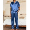 image:imageEkouaer Mens Satin Pajama Set Short Sleeve Button Down Sleepwear with Pant  Soft Cozy Summer Fall Elastic Waist Long Pants Pocket Casual Loungewear Silk Satin Pjs for Casual Daily WearBlue