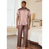image:imageEkouaer Mens Satin Pajama Set Short Sleeve Button Down Sleepwear with Pant  Soft Cozy Summer Fall Elastic Waist Long Pants Pocket Casual Loungewear Silk Satin Pjs for Casual Daily WearBrown