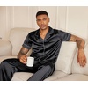 image:imageEkouaer Mens Satin Pajama Set Short Sleeve Button Down Sleepwear with Pant  Soft Cozy Summer Fall Elastic Waist Long Pants Pocket Casual Loungewear Silk Satin Pjs for Casual Daily WearStripesBlack