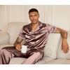 image:imageEkouaer Mens Satin Pajama Set Short Sleeve Button Down Sleepwear with Pant  Soft Cozy Summer Fall Elastic Waist Long Pants Pocket Casual Loungewear Silk Satin Pjs for Casual Daily WearBrown
