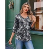 image:imageEkouaer 34 Length Sleeve Womens Tops V Neck Blouses Casual Pleated Shirts  Soft lightweight fabric 34 sleeve loose top with v neck front pleats and decorative buttons ideal for all occasionsBlack Grey Printed