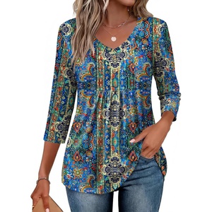 image:imageEkouaer 34 Length Sleeve Womens Tops V Neck Blouses Casual Pleated Shirts  Soft lightweight fabric 34 sleeve loose top with v neck front pleats and decorative buttons ideal for all occasionsBlue Boho