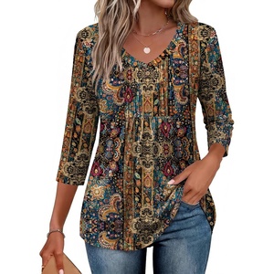 image:imageEkouaer 34 Length Sleeve Womens Tops V Neck Blouses Casual Pleated Shirts  Soft lightweight fabric 34 sleeve loose top with v neck front pleats and decorative buttons ideal for all occasionsMulticolor Boho