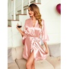 image:imageEkouaer Women Silky Satin Robe Lace Bridesmaid Bathrobes Kimono Loungewear  Short Bride Robes for Bridal Wedding Party 34 Sleeves Knee Length Maternity Robe Lightweight Soft Satin FabricChampagne