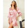 image:imageEkouaer Women Silky Satin Robe Lace Bridesmaid Bathrobes Kimono Loungewear  Short Bride Robes for Bridal Wedding Party 34 Sleeves Knee Length Maternity Robe Lightweight Soft Satin FabricChampagne