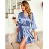 image:imageEkouaer Women Silky Satin Robe Lace Bridesmaid Bathrobes Kimono Loungewear  Short Bride Robes for Bridal Wedding Party 34 Sleeves Knee Length Maternity Robe Lightweight Soft Satin FabricCobalt Blue