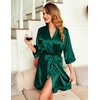 image:imageEkouaer Women Silky Satin Robe Lace Bridesmaid Bathrobes Kimono Loungewear  Short Bride Robes for Bridal Wedding Party 34 Sleeves Knee Length Maternity Robe Lightweight Soft Satin FabricDark Green