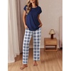 image:imageEkouaer Womens Pajama Sets 2 Pcs Short Sleeve Lounge Set with Pockets  Sleep Top with Pocket and Long Pants Comfy Pjs suitable for Daily life Yoga work home sleeping and travelNavy Blue Plaid