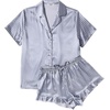 image:imageEkouaer Womens Satin Pajamas Set Button Down 2 Piece Silk Pjs Shorts Set Ruffle Lingerie Notch Collar Sleepwear  2 Piece Satin Pjs Shorts Set Ruffle Notch Collar for SleepLoungeWeddingBridal PartyStriped Grey Blue