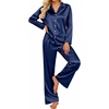 image:imageEkouaer Womens Satin Silk Pajamas Long Sleeve Button Up Pjs Lounge Sets  Soft 2Piece Set Adjustable Drawstring Waistband Side Pockets Ideal for Sleep Lounging PartyNavy Blue