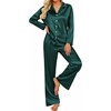 image:imageEkouaer Womens Satin Silk Pajamas Long Sleeve Button Up Pjs Lounge Sets  Soft 2Piece Set Adjustable Drawstring Waistband Side Pockets Ideal for Sleep Lounging PartyDark Green