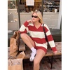 image:imageEkouaer Two Piece Sets for Women Fall Lounge Sets Long Sleeve Shorts Set  Oversized Matching Outfit 2026 Fall Striped Shirts and Shorts Set V Neck Top with Pockets Casual Matching Clothing SetRed Beige Combo