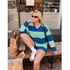 image:imageEkouaer Two Piece Sets for Women Fall Lounge Sets Long Sleeve Shorts Set  Oversized Matching Outfit 2026 Fall Striped Shirts and Shorts Set V Neck Top with Pockets Casual Matching Clothing SetBlue Green Combo