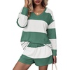 image:imageEkouaer Two Piece Sets for Women Fall Lounge Sets Long Sleeve Shorts Set  Oversized Matching Outfit 2026 Fall Striped Shirts and Shorts Set V Neck Top with Pockets Casual Matching Clothing SetGreen White Combo