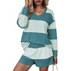 image:imageEkouaer Two Piece Sets for Women Fall Lounge Sets Long Sleeve Shorts Set  Oversized Matching Outfit 2026 Fall Striped Shirts and Shorts Set V Neck Top with Pockets Casual Matching Clothing SetGreen Combo