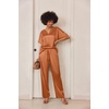 image:imageEkouaer Womens Satin Silky Pajama Set 2 Piece V Neck Silk Pjs with PocketCaramel Brown