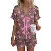 image:imageEkouaer Satin Pajama for Women Short Sleeve Silky Pj Short Sets Lounge SetBrown Leopard Bow Knot
