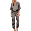 image:imageEkouaer Womens Satin Silky Pajama Set 2 Piece V Neck Silk Pjs with PocketDark Grey