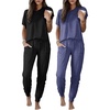 image:imageEkouaer 2 pack Pajama Sets for Womens Jogger Pants Pjs Short Sleeves Lounge Set Soft Sleepwear with PocketsBlack and Navy Bule