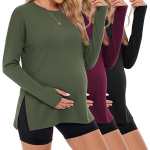 image:image3 Pack Women Maternity Shirts Long Sleeve Pregnancy Tops with Thumb HoleBlackDark RedArmy Green
