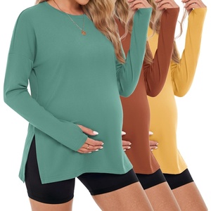 image:image3 Pack Women Maternity Shirts Long Sleeve Pregnancy Tops with Thumb HoleYellowGrey GreenCaramel