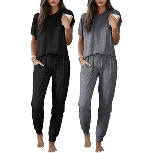 image:imageEkouaer 2 pack Pajama Sets for Womens Jogger Pants Pjs Short Sleeves Lounge Set Soft Sleepwear with PocketsBlack and Dark Grey