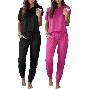 image:imageEkouaer 2 pack Pajama Sets for Womens Jogger Pants Pjs Short Sleeves Lounge Set Soft Sleepwear with PocketsBlack and Hot Pink