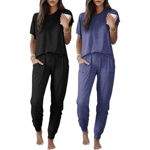 image:imageEkouaer 2 pack Pajama Sets for Womens Jogger Pants Pjs Short Sleeves Lounge Set Soft Sleepwear with PocketsBlack and Navy Bule