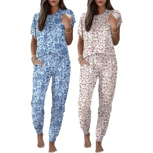 image:imageEkouaer 2 pack Pajama Sets for Womens Jogger Pants Pjs Short Sleeves Lounge Set Soft Sleepwear with PocketsBlue FloralPink Ethnic
